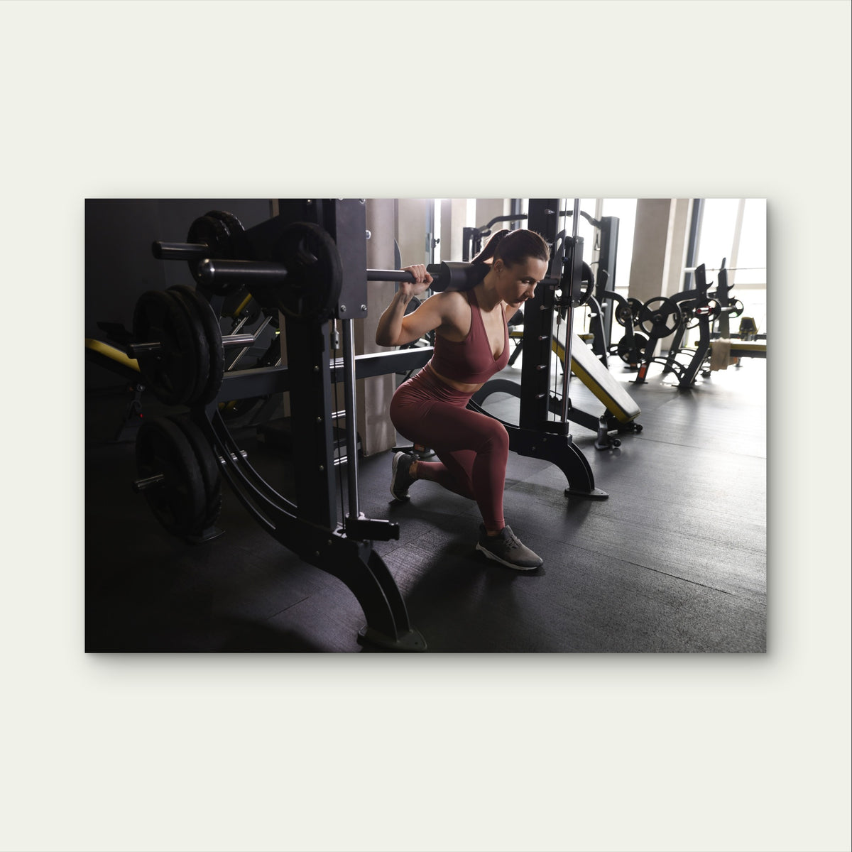 Woman Barbell Lunge Gym Exercise 5mm thick Plastic Poster Ready to Hang 90x60cm