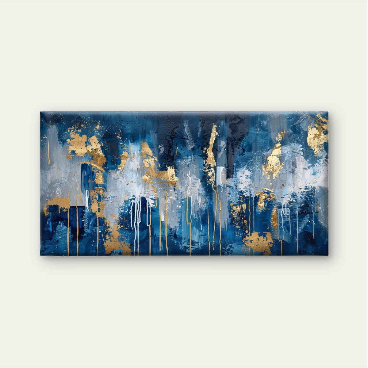Abstract Navy Blue Gold Foil Drip Wall Art Canvas Office Home Framed 120x60cm