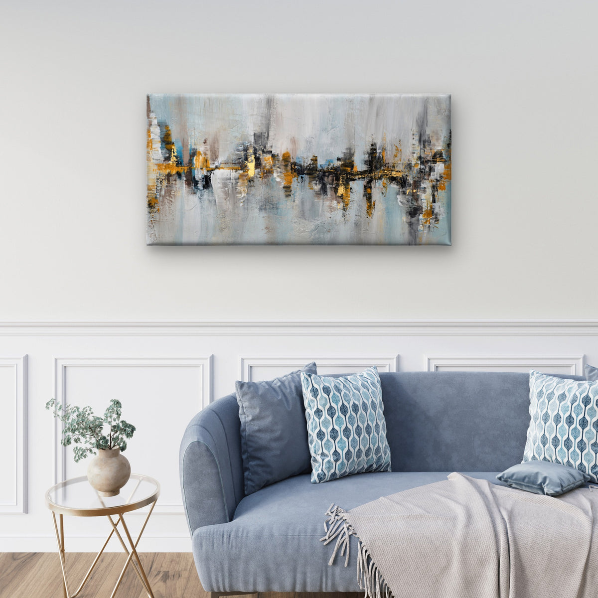 Abstract Grey Blue Gold Skyline Wall Art Canvas Office Home Framed 120x60cm
