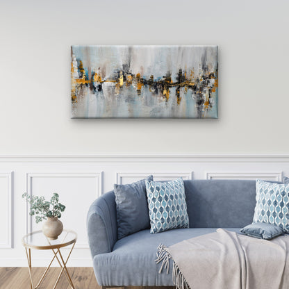 Abstract Grey Blue Gold Skyline Wall Art Canvas Office Home Framed 120x60cm
