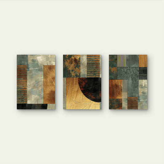 3pcs Modern Gold Bronze Teal Geometric Shape Wall Art Set Canvas Framed 40x60cm - High Quality Print 100% Australian Made Wall Canvas Ready to Hang