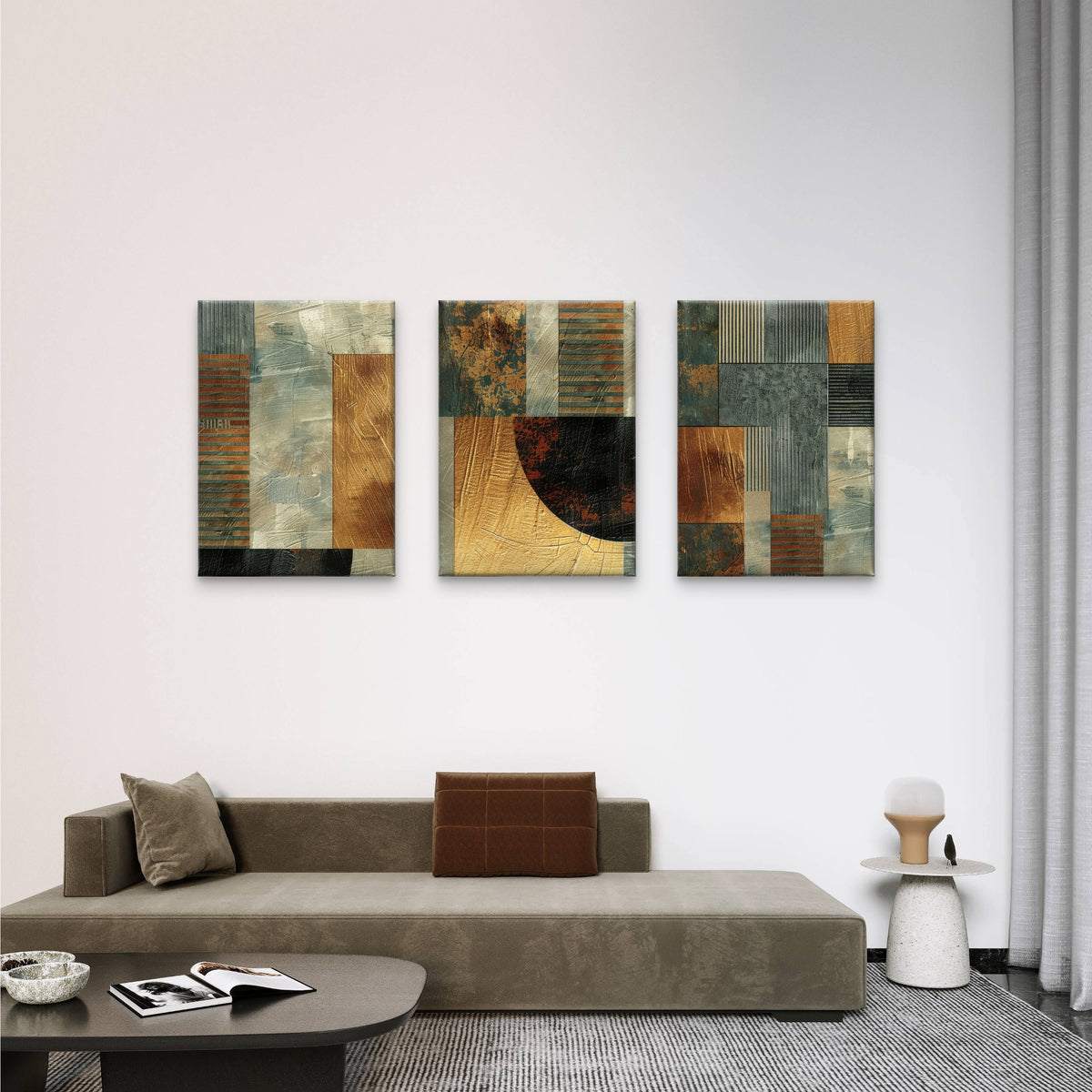 3pcs Modern Gold Bronze Teal Geometric Shape Wall Art Set Canvas Framed 50x70cm - High Quality Print 100% Australian Made Wall Canvas Ready to Hang