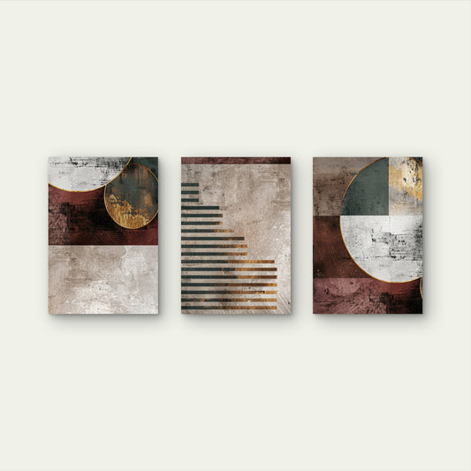 3pcs Burgundy Gold Beige Modern Line Circles Wall Art Set Canvas Framed 60x90cm - High Quality Print 100% Australian Made Wall Canvas Ready to Hang