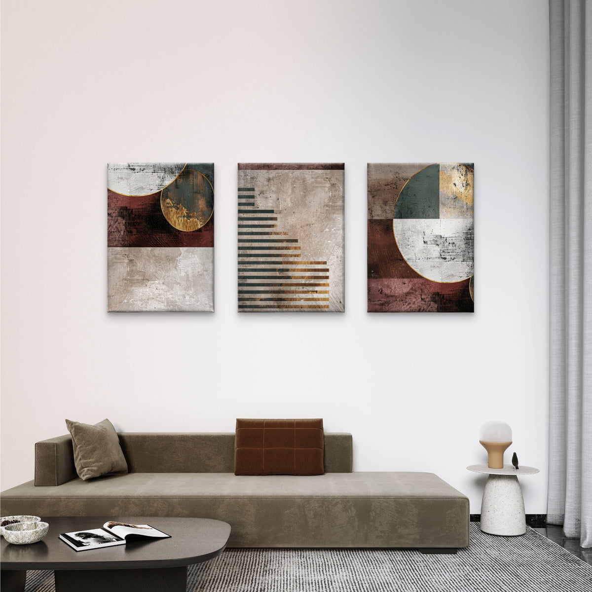 3pcs Burgundy Gold Beige Modern Line Circles all Art Set Canvas Framed 50x70cm - High Quality Print 100% Australian Made Wall Canvas Ready to Hang