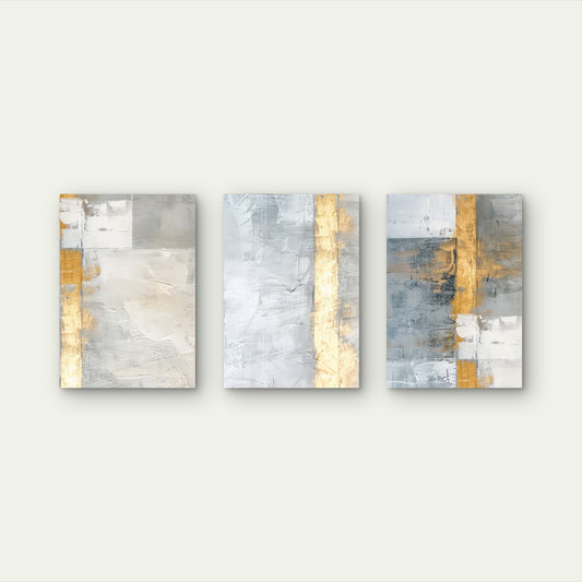 3pcs Gray Gold White Minimalist Foil Stripe Wall Art Set Canvas Framed 40x60cm - High Quality Print 100% Australian Made Wall Canvas Ready to Hang