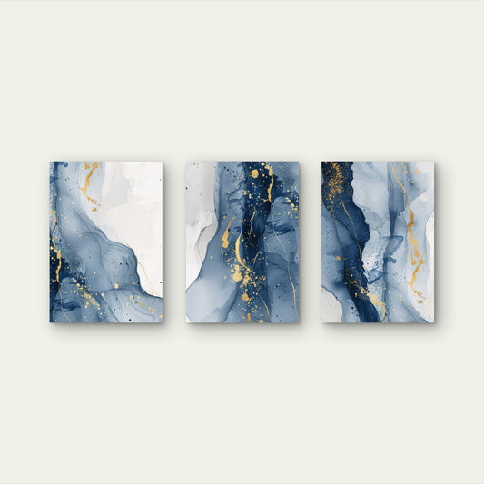3pcs Luxury Navy Blue Gold Foil Abstract Wall Art Set Canvas Framed 40x60cm - High Quality Print 100% Australian Made Wall Canvas Ready to Hang
