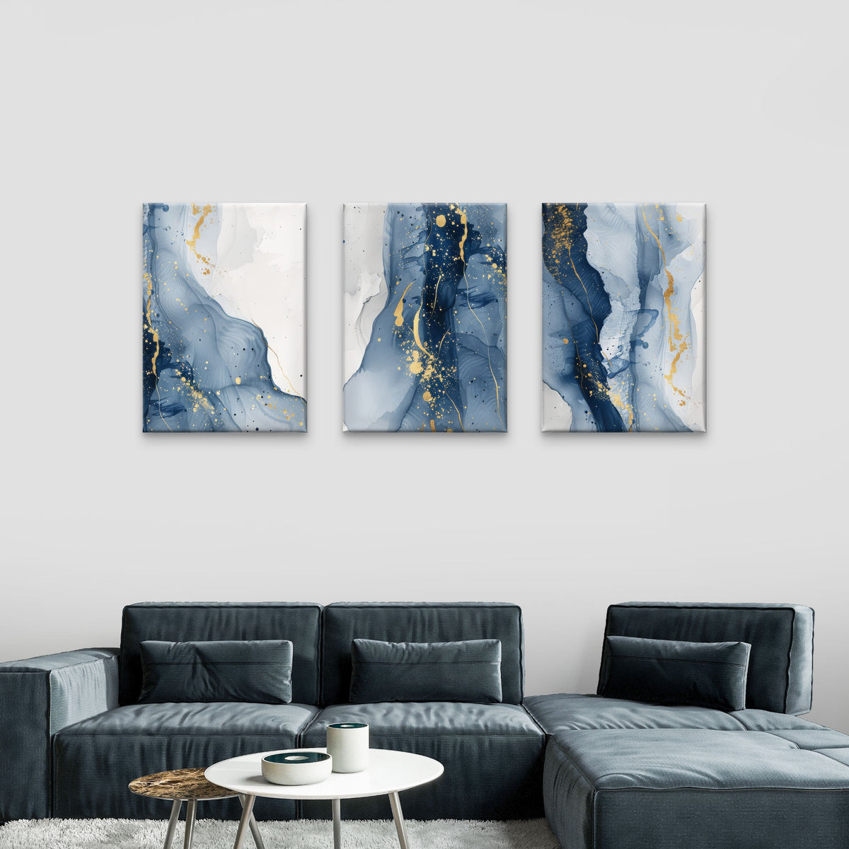 3pcs Luxury Navy Blue Gold Foil Abstract Wall Art Set Canvas Framed 50x70cm - High Quality Print 100% Australian Made Wall Canvas Ready to Hang