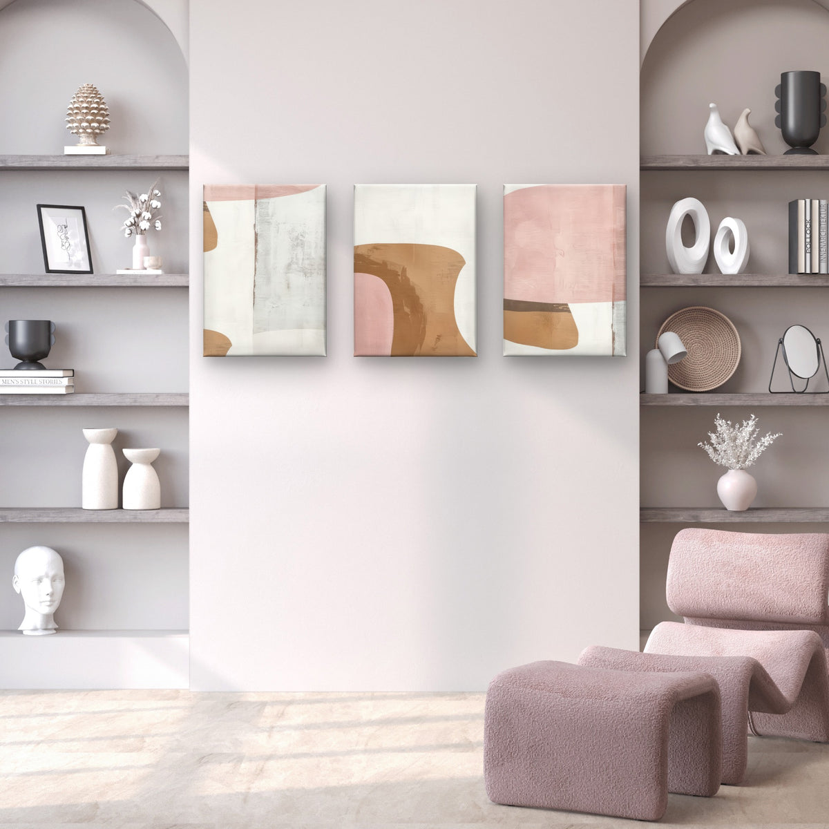 3pcs Boho Pink Terracotta Beige Shapes Wall Art Set Canvas Framed 50x70cm - High Quality Print 100% Australian Made Wall Canvas Ready to Hang