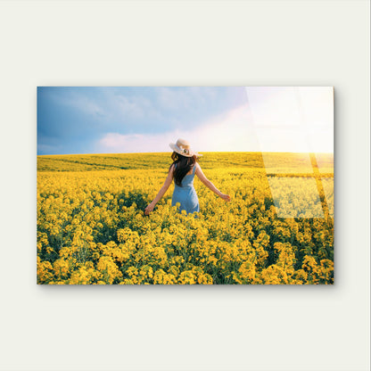 Sunny Yellow Canola Flower Girl Meadow Acrylic Glass Printing Wall Art Australian Made Quality