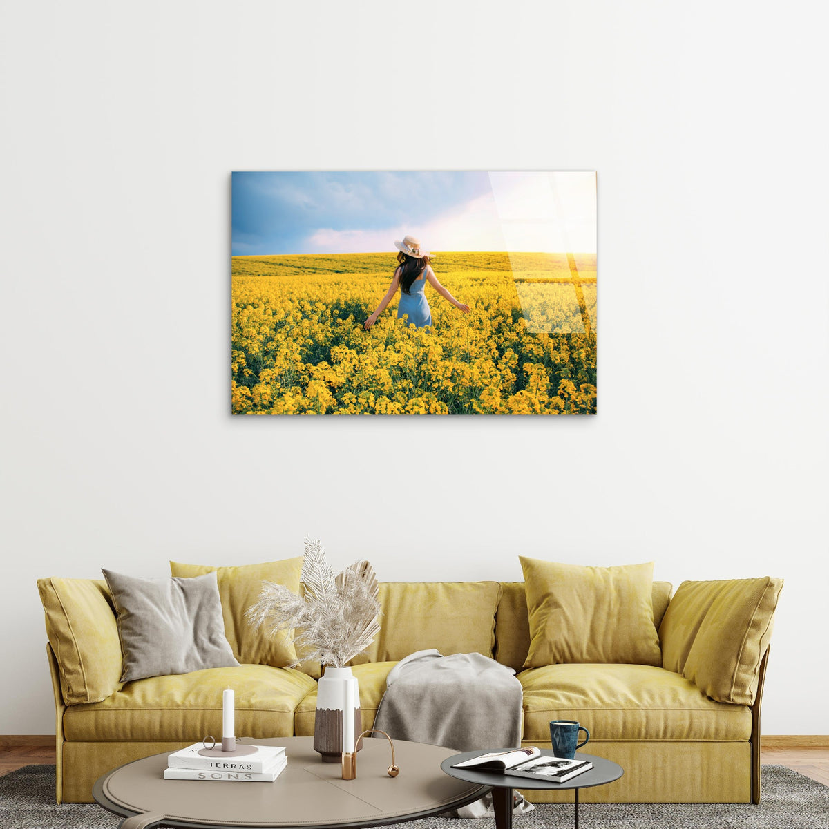 Sunny Yellow Canola Flower Girl Meadow Acrylic Glass Printing Wall Art Australian Made Quality