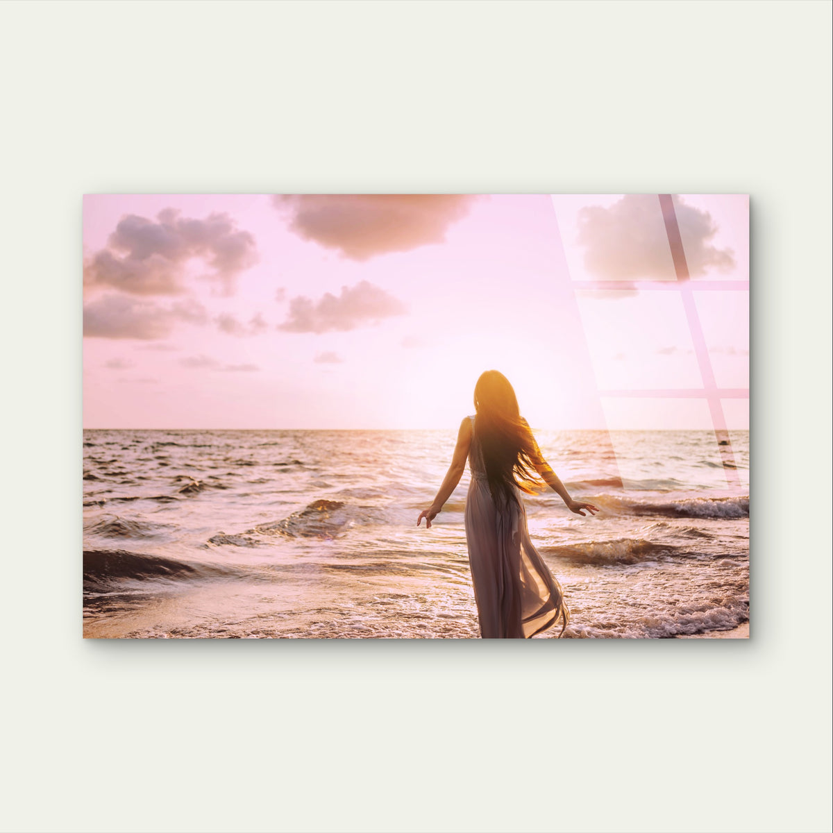 Romantic Pink Sunset Beach Ocean Woman Acrylic Glass Printing Wall Art Australian Made Quality