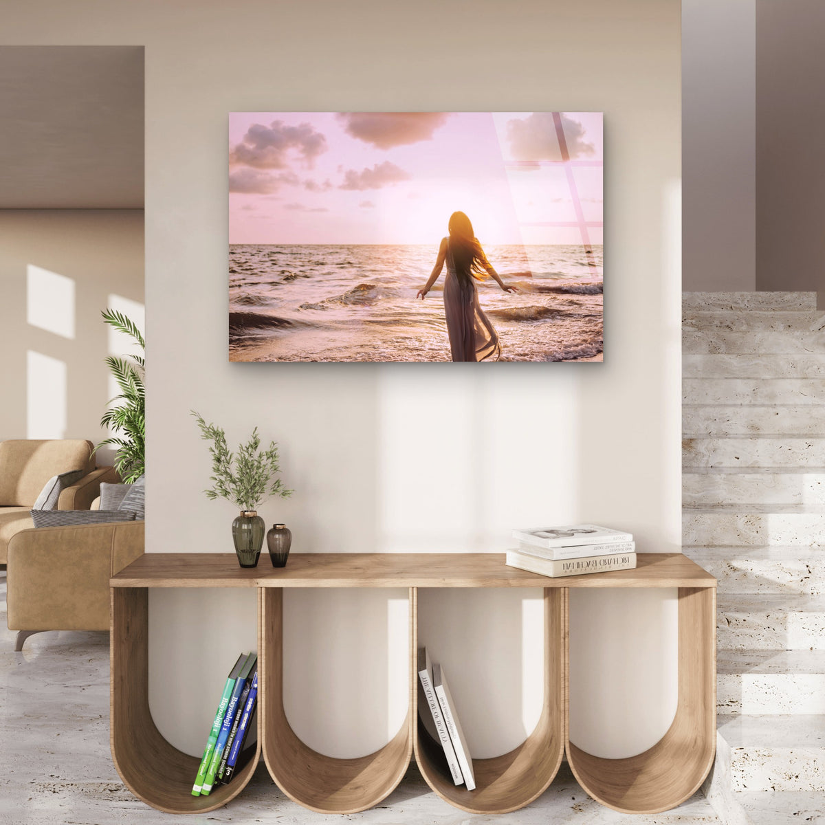 Romantic Pink Sunset Beach Ocean Woman Acrylic Glass Printing Wall Art Australian Made Quality