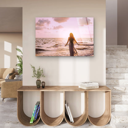 Romantic Pink Sunset Beach Ocean Woman Acrylic Glass Printing Wall Art Australian Made Quality