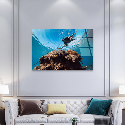 Beautiful Blue Ocean Coral Reef Diver Acrylic Glass Printing Wall Art Australian Made Quality