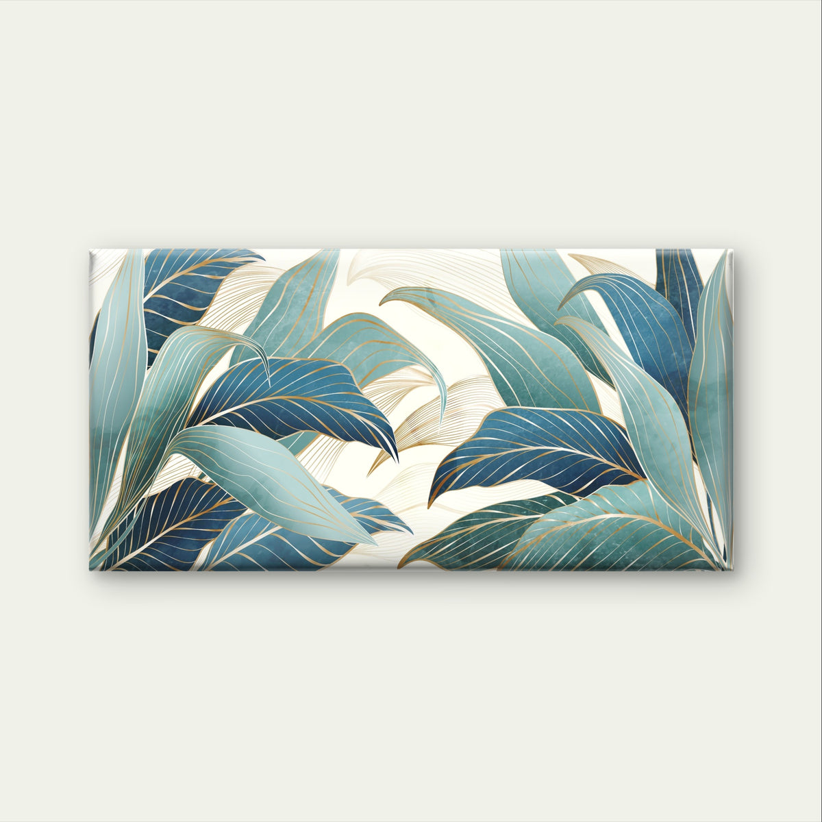 Beautiful Blue Gold Tropical Leaf Wall Art Canvas Office Home Framed 120x60cm