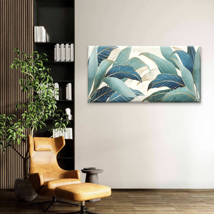 Beautiful Blue Gold Tropical Leaf Wall Art Canvas Office Home Framed 120x60cm