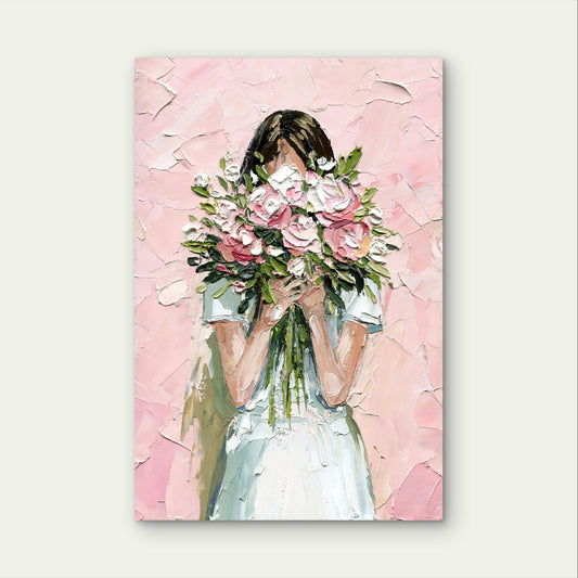 Elegant Textured Oil Painting Girl Flower Sign 40x60cm Metal Print Ready to Hang
