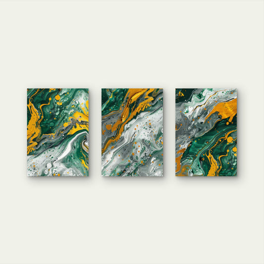 3pcs Modern Emerald Green Gold Fluid Acrylic Wall Art Set Canvas Framed 60x90cm - High Quality Print 100% Australian Made Wall Canvas Ready to Hang