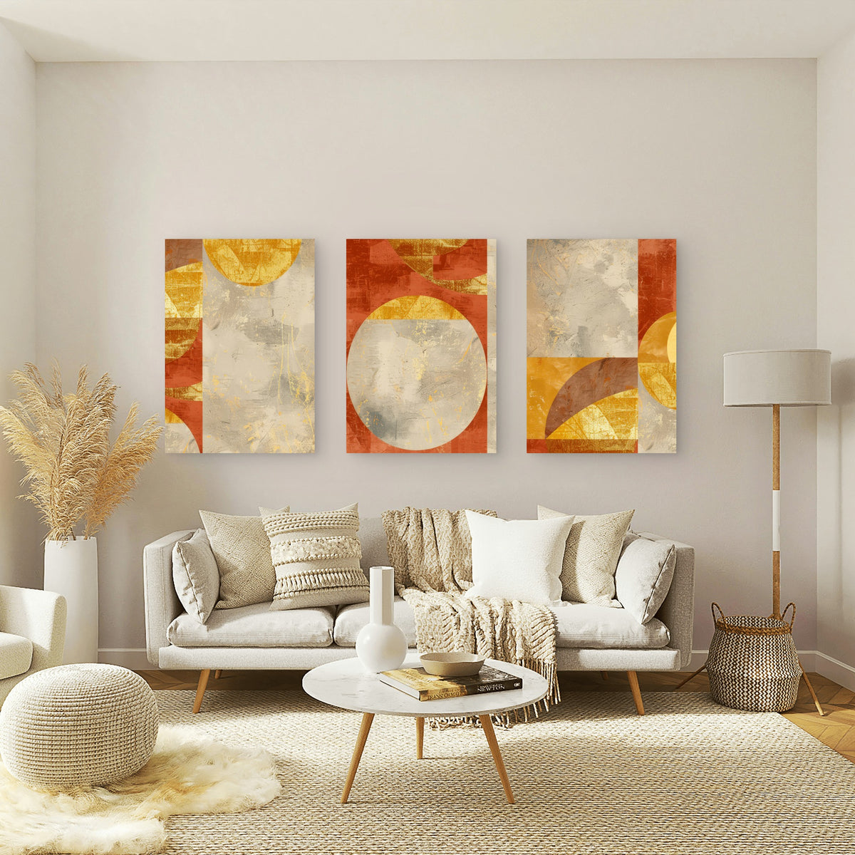 3pcs Terracotta Abstract Geometric Sun Moon Wall Art Set Canvas Framed 50x70cm - High Quality Print 100% Australian Made Wall Canvas Ready to Hang