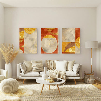 3pcs Terracotta Abstract Geometric Sun Moon Wall Art Set Canvas Framed 50x70cm - High Quality Print 100% Australian Made Wall Canvas Ready to Hang