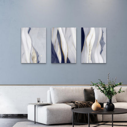 3pcs Navy Blue Grey Abstract Fluid Wave Lines Wall Art Set Canvas Framed 50x70cm - High Quality Print 100% Australian Made Wall Canvas Ready to Hang