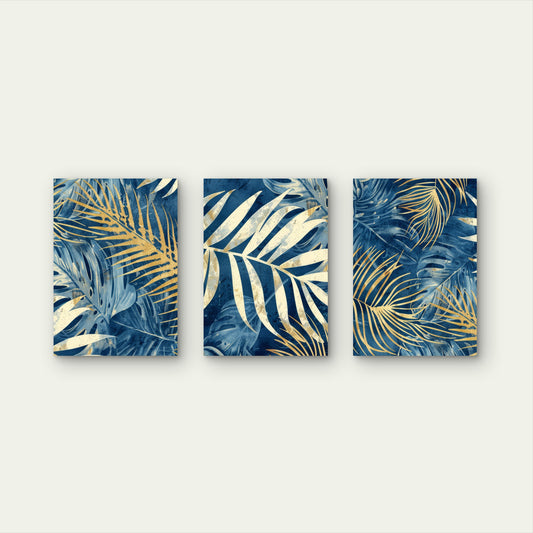 3pcs Navy Blue Gold Tropical Palm Leaves Print Wall Art Set Canvas Framed 40x60cm - High Quality Print 100% Australian Made Wall Canvas Ready to Hang