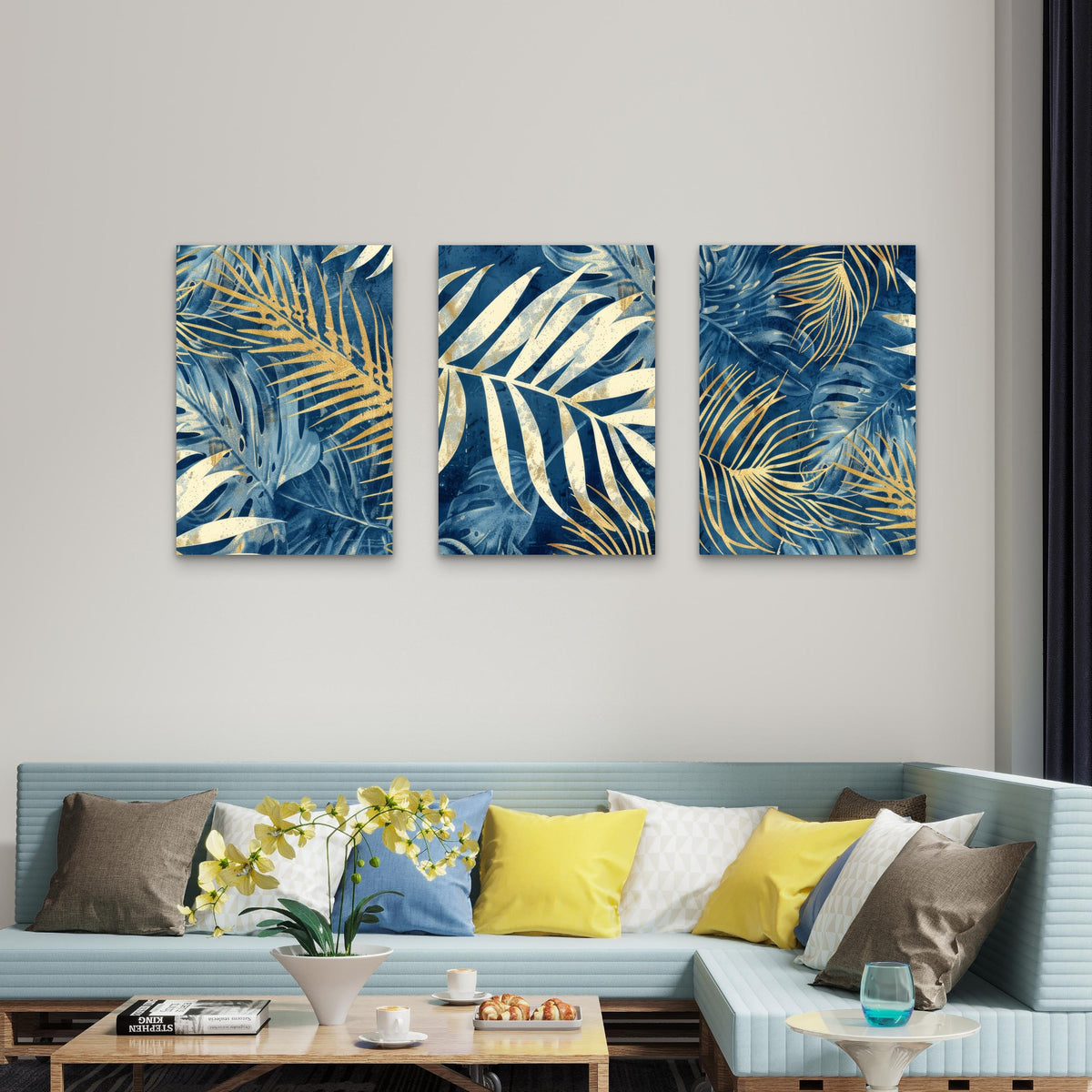 3pcs Navy Blue Gold Tropical Palm Leaves Print Wall Art Set Canvas Framed 50x70cm - High Quality Print 100% Australian Made Wall Canvas Ready to Hang