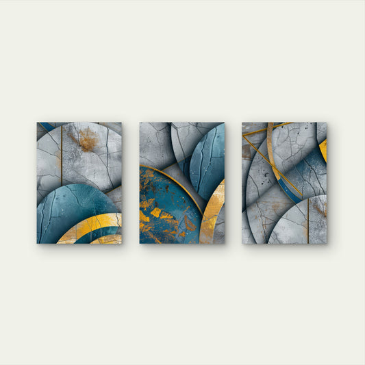 3pcs Modern Teal Blue Gold Geometric Shapes Wall Art Set Canvas Framed 40x60cm - High Quality Print 100% Australian Made Wall Canvas Ready to Hang