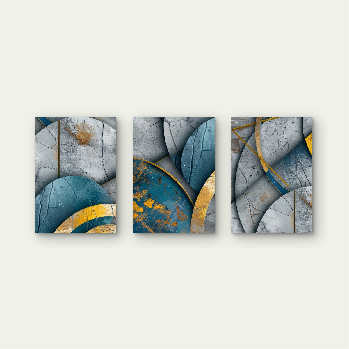 3pcs Modern Teal Blue Gold Geometric Shapes Wall Art Set Canvas Framed 50x70cm - High Quality Print 100% Australian Made Wall Canvas Ready to Hang