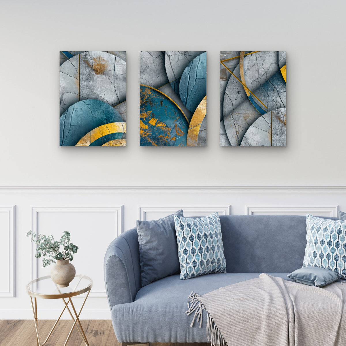 3pcs Modern Teal Blue Gold Geometric Shapes Wall Art Set Canvas Framed 50x70cm - High Quality Print 100% Australian Made Wall Canvas Ready to Hang