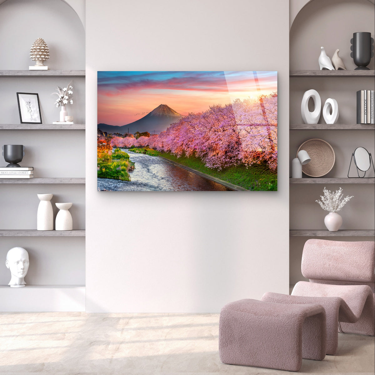 Mount Fuji Japan Cherry Blossom River Glass Printing Wall Art Australian Made Quality