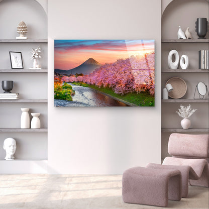 Mount Fuji Japan Cherry Blossom River Glass Printing Wall Art Australian Made Quality