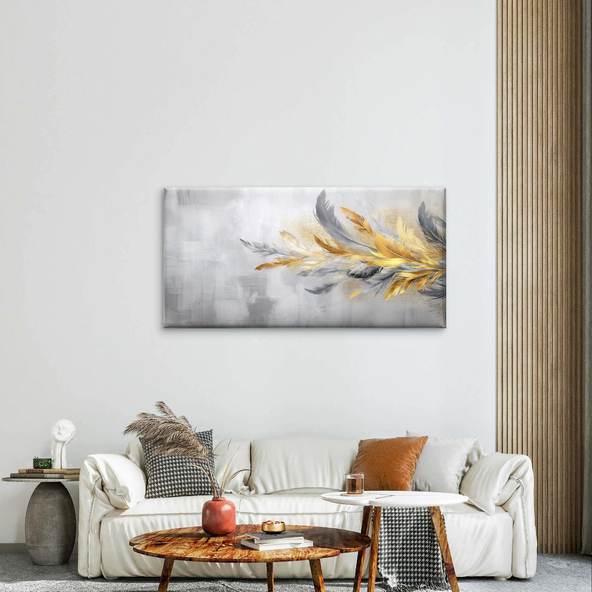 Luxury Gold Grey Feather Abstract Wall Art Canvas Office Home Framed 120x60cm