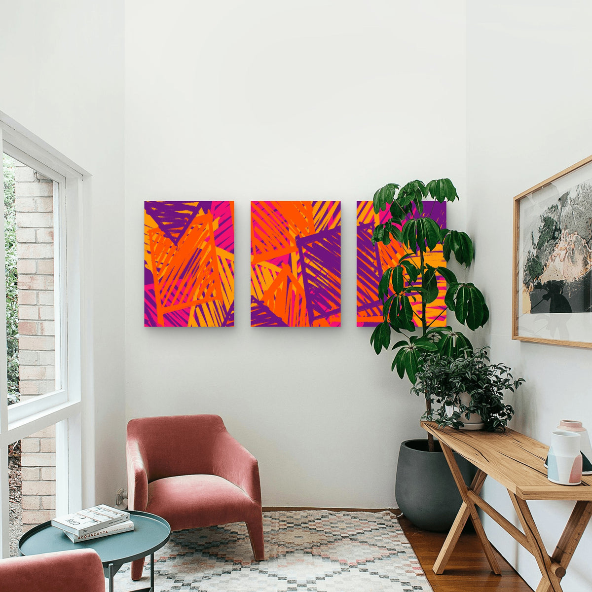 3pcs Modern Abstract Geometric Orange Purple Wall Art Set Canvas Framed 50x70cm - High Quality Print 100% Australian Made Wall Canvas Ready to Hang