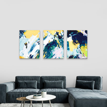 3pcs Abstract Blue Teal Yellow Oil Painting Wall Art Set Canvas Framed 50x70cm - High Quality Print 100% Australian Made Wall Canvas Ready to Hang