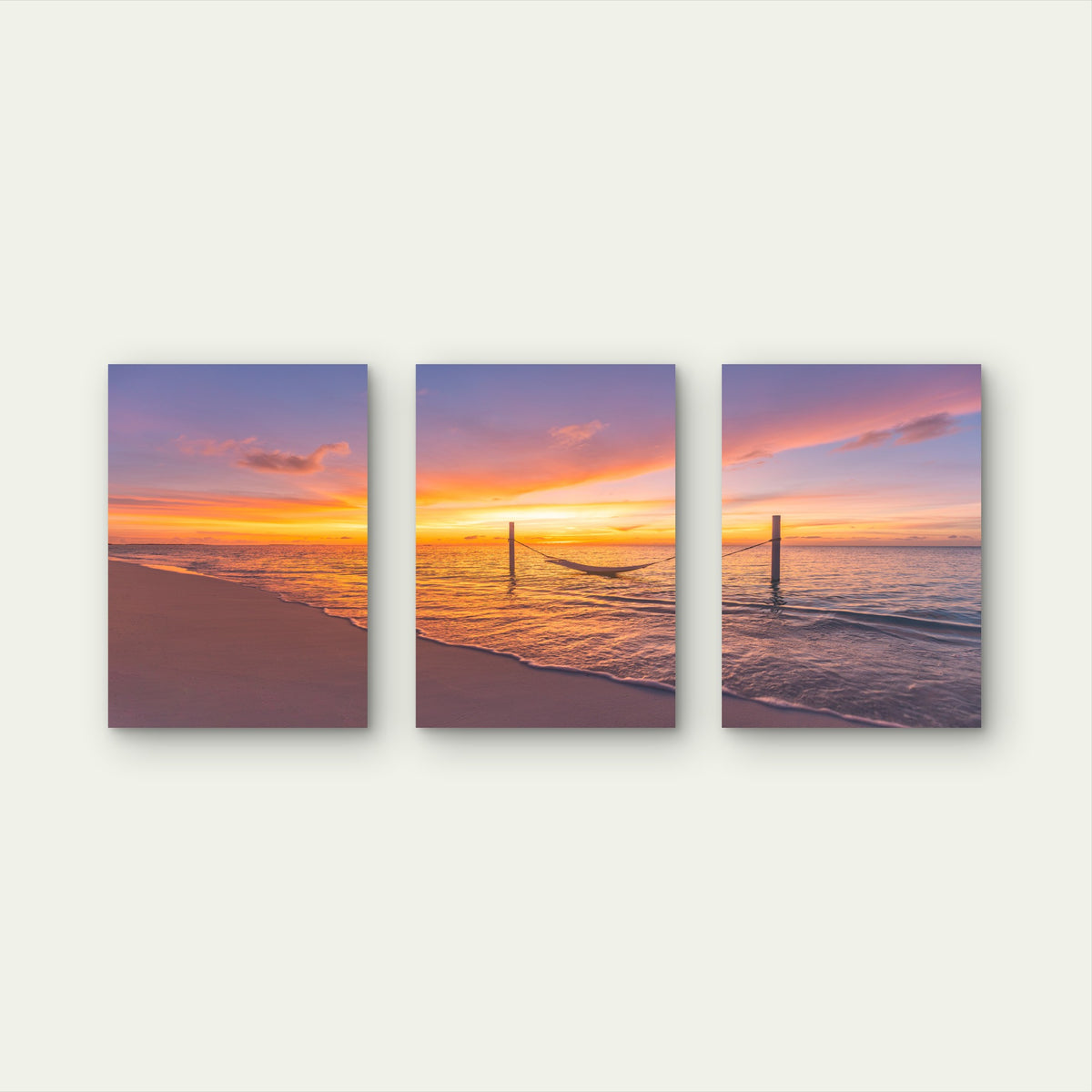 3pcs Tropical Beach Sunset Hammock Ocean Sea Wall Art Set Canvas Framed 50x70cm - High Quality Print 100% Australian Made Wall Canvas Ready to Hang