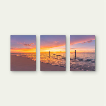 3pcs Tropical Beach Sunset Hammock Ocean Sea Wall Art Set Canvas Framed 50x70cm - High Quality Print 100% Australian Made Wall Canvas Ready to Hang