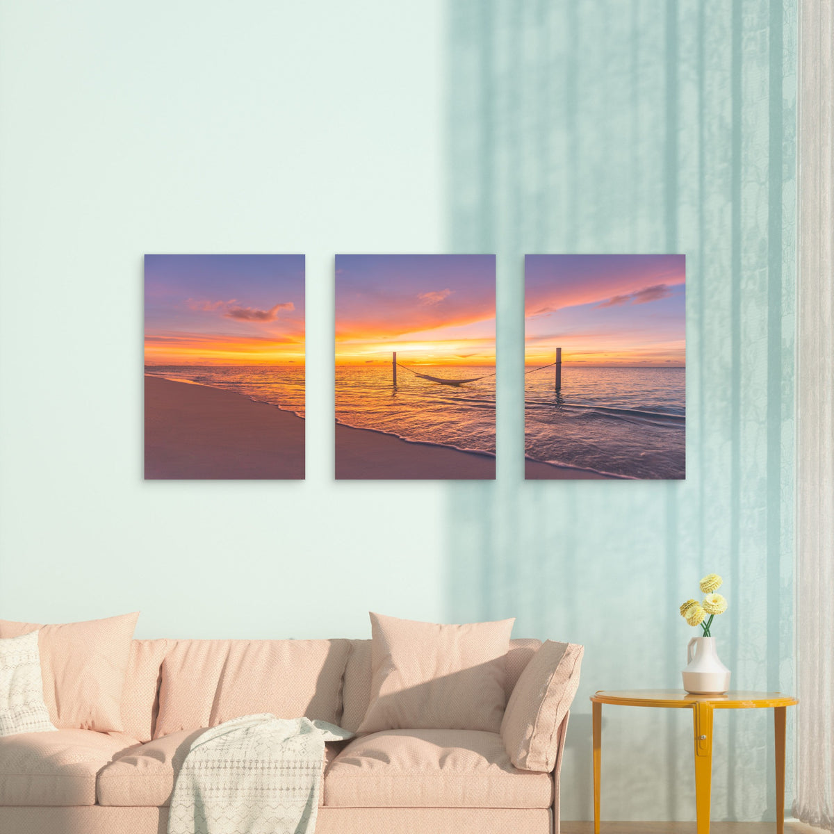 3pcs Tropical Beach Sunset Hammock Ocean Sea Wall Art Set Canvas Framed 50x70cm - High Quality Print 100% Australian Made Wall Canvas Ready to Hang