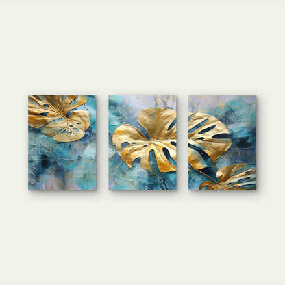 3pcs Modern Tropical Gold Leaves Botanical Teal Wall Art Set Canvas Framed 50x70cm - High Quality Print 100% Australian Made Wall Canvas Ready to Hang