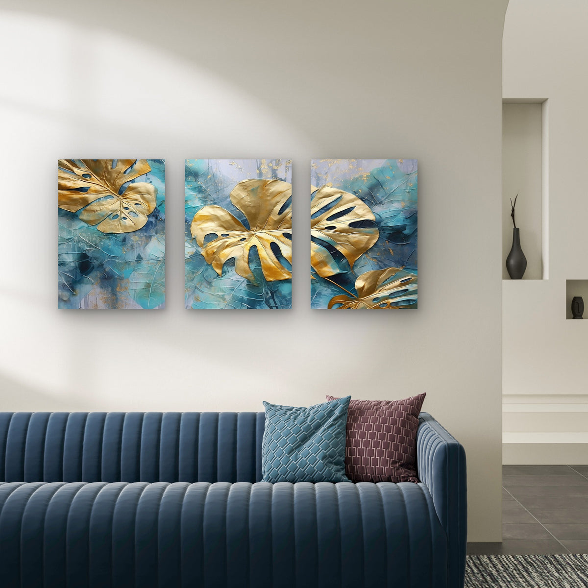 3pcs Modern Tropical Gold Leaves Botanical Teal Wall Art Set Canvas Framed 50x70cm - High Quality Print 100% Australian Made Wall Canvas Ready to Hang