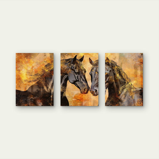 3pcs Abstract Black Horse Painting Gold Wildlife Wall Art Set Canvas Framed 40x60cm - High Quality Print 100% Australian Made Wall Canvas Ready to Hang