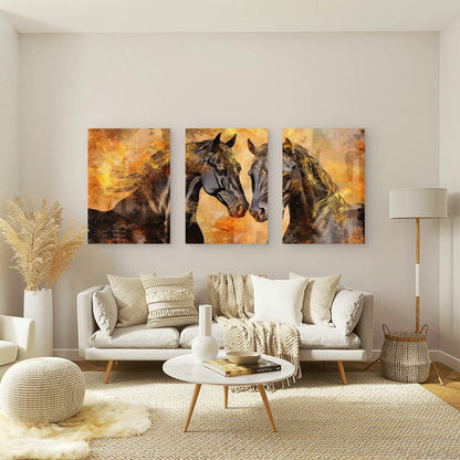 3pcs Abstract Black Horse Painting Gold Wildlife Wall Art Set Canvas Framed 50x70cm - High Quality Print 100% Australian Made Wall Canvas Ready to Hang