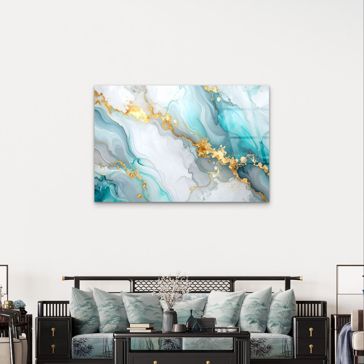 Abstract Teal Marble Liquid Gold Foil Acrylic Glass Printing Wall Art Australian Made Quality