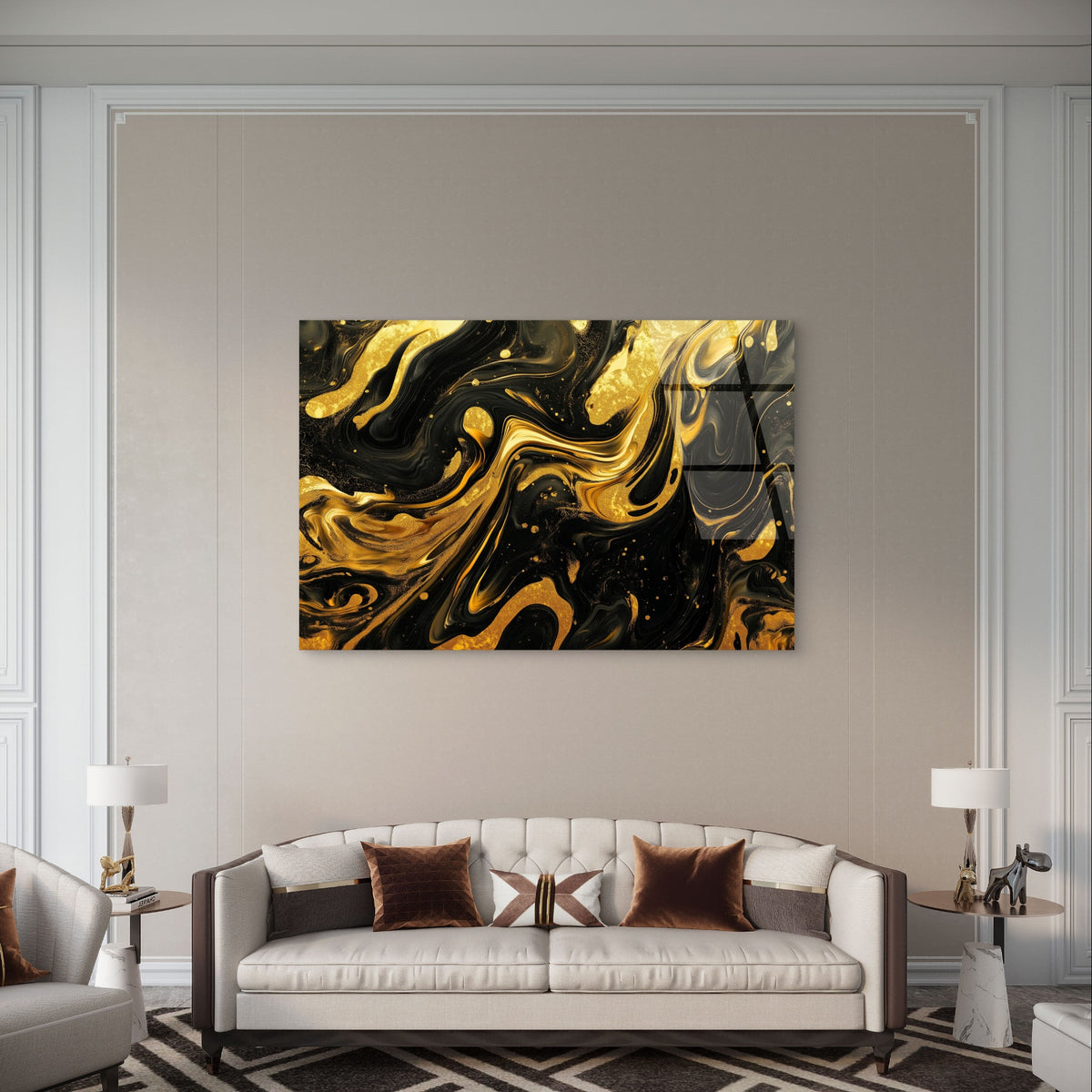 Abstract Black Gold Marble Liquid Foil Acrylic Glass Printing Wall Art Australian Made Quality