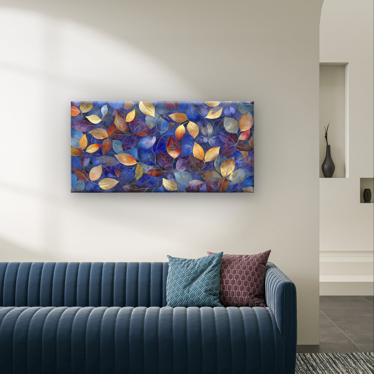 Abstract Blue Gold Red Fall Leaves Wall Art Canvas Office Home Framed 120x60cm