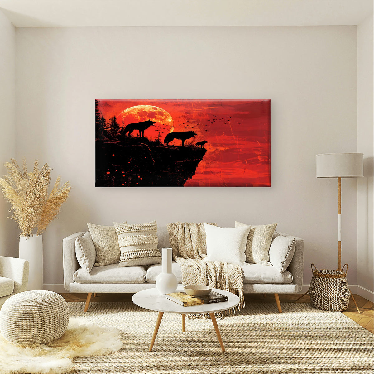 Abstract Red Blood Moon Wolf Pack Wall Art Canvas Office Home Framed 120x60cm