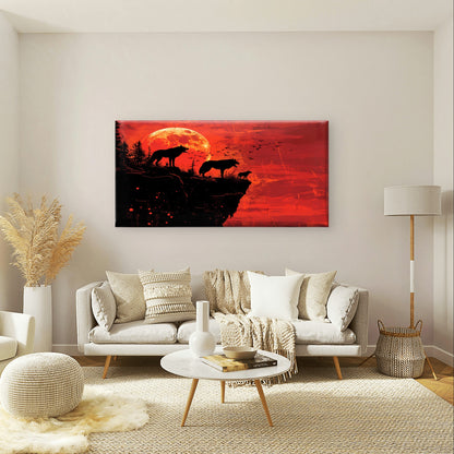 Abstract Red Blood Moon Wolf Pack Wall Art Canvas Office Home Framed 120x60cm