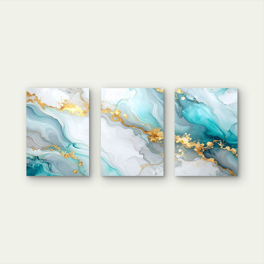 3pcs Modern Teal Gold Marble Fluid Abstract Wall Art Set Canvas Framed 40x60cm - High Quality Print 100% Australian Made Wall Canvas Ready to Hang