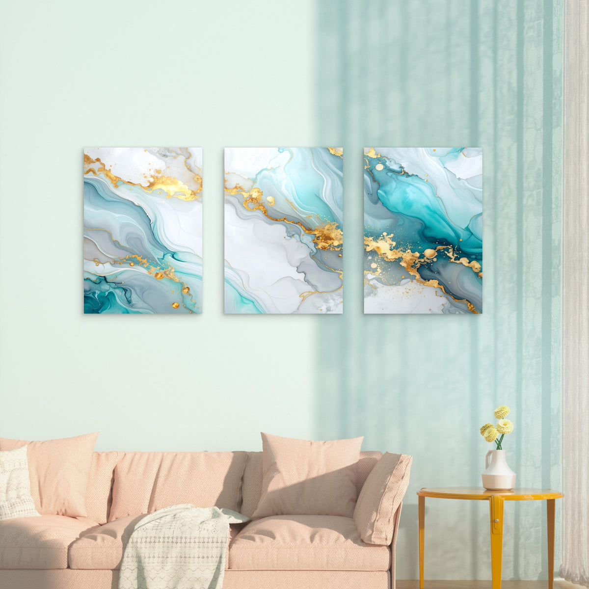 3pcs Modern Teal Gold Marble Fluid Abstract Wall Art Set Canvas Framed 50x70cm - High Quality Print 100% Australian Made Wall Canvas Ready to Hang