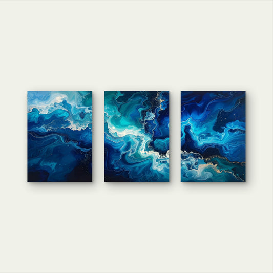 3pcs Modern Dark Navy Blue Ocean Sea Waves Wall Art Set Canvas Framed 40x60cm - High Quality Print 100% Australian Made Wall Canvas Ready to Hang